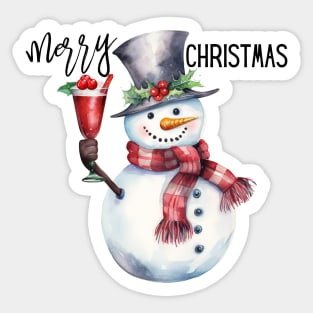 Cute Snowman in Red Scarf Holding a Christmas Drink with Berries Sticker